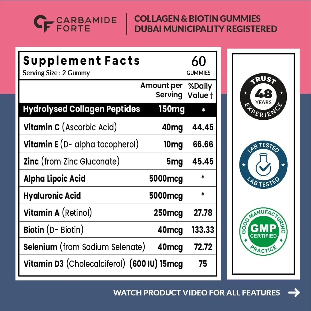 پاستیل کلاژن بیوتین Carbamide Forte | مکمل کلاژن برای مو، پوست و ناخن برای خانم ها و آقایان | حاوی اسید هیالورونیک، ویتامین C برای خانم ها و آقایان - 60 پاستیل پاستیل کلاژن بیوتین Carbamide Forte | مکمل کلاژن برای مو، پوست و ناخن برای خانم ها و آقایان | حاوی اسید هیالورونیک، ویتامین C برای خانم ها و آقایان - 60 پاستیل