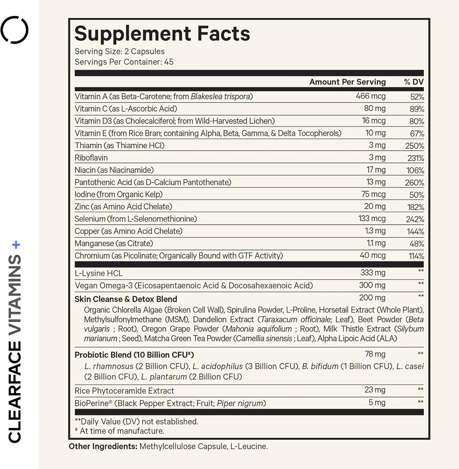 کپسول مکمل نیاسین و پانتوتنیک اسید کلیرفیس Codeage، ویتامین های A، C، D3، E، پروبیوتیک ها، زینک، ریبوفلاوین، تیامین، ال-لیزین HCL و امگا 3، نیاسینامید، ترکیب گیاهی پوست - غیر GMO - 90 کپسول