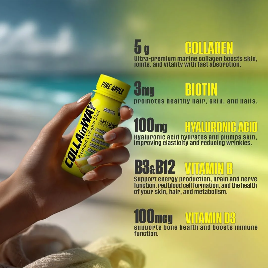 نوشیدنی کلاژن شات 5000 میلی گرم آناناس - بدون شکر، بیوتین، اسید هیالورونیک، ال-گلوتاتیون، ویتامین D - پشتیبانی از سلامت مو، پوست، ناخن و استخوان، بسته 12 عددی آبرسان و ضد پیری نوشیدنی کلاژن شات 5000 میلی گرم آناناس - بدون شکر، بیوتین، اسید هیالورونیک، ال-گلوتاتیون، ویتامین D - پشتیبانی از سلامت مو، پوست، ناخن و استخوان، بسته 12 عددی آبرسان و ضد پیری