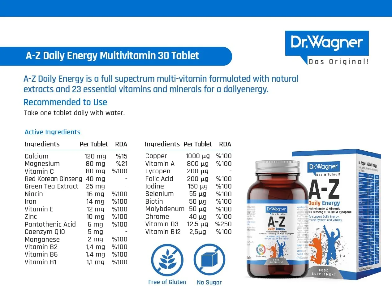 مولتی ویتامین و مواد معدنی انرژی روزانه A-Z برای انرژی روزانه - بهبود سلامت ایمنی و مغز - پشتیبانی از سلامت پوست، مو و ناخن