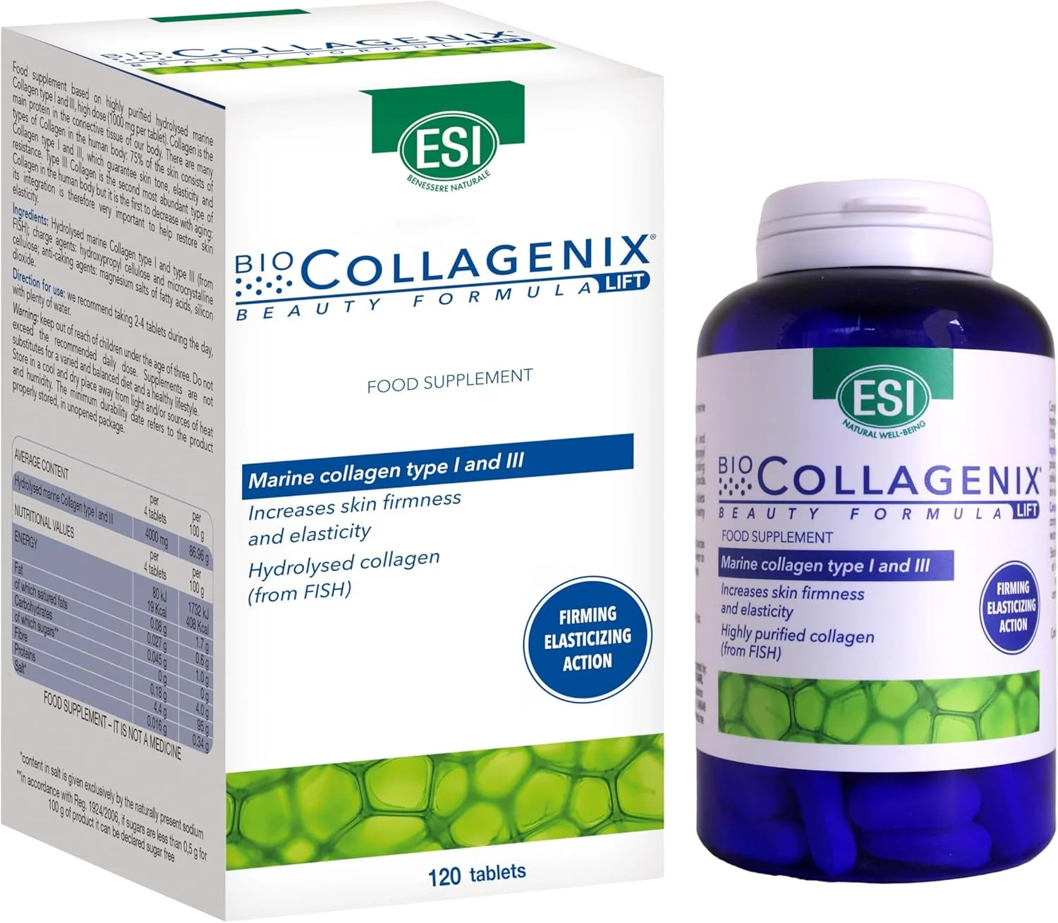 مکمل کلاژن دریایی ضد پیری ESI Biocollagenix، 1000 میلی گرم (120 قرص) - افزایش خاصیت ارتجاعی پوست، کاهش علائم پیری، افزایش آبرسانی و استحکام و پشتیبانی از مو و ناخن با محافظت در برابر اشعه ماوراء بنفش مکمل کلاژن دریایی ضد پیری ESI Biocollagenix، 1000 میلی گرم (120 قرص) - افزایش خاصیت ارتجاعی پوست، کاهش علائم پیری، افزایش آبرسانی و استحکام و پشتیبانی از مو و ناخن با محافظت در برابر اشعه ماوراء بنفش