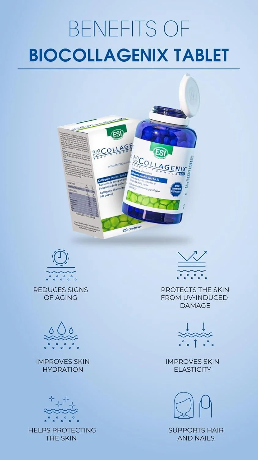 مکمل کلاژن دریایی ضد پیری ESI Biocollagenix، 1000 میلی گرم (120 قرص) - افزایش خاصیت ارتجاعی پوست، کاهش علائم پیری، افزایش آبرسانی و استحکام و پشتیبانی از مو و ناخن با محافظت در برابر اشعه ماوراء بنفش مکمل کلاژن دریایی ضد پیری ESI Biocollagenix، 1000 میلی گرم (120 قرص) - افزایش خاصیت ارتجاعی پوست، کاهش علائم پیری، افزایش آبرسانی و استحکام و پشتیبانی از مو و ناخن با محافظت در برابر اشعه ماوراء بنفش