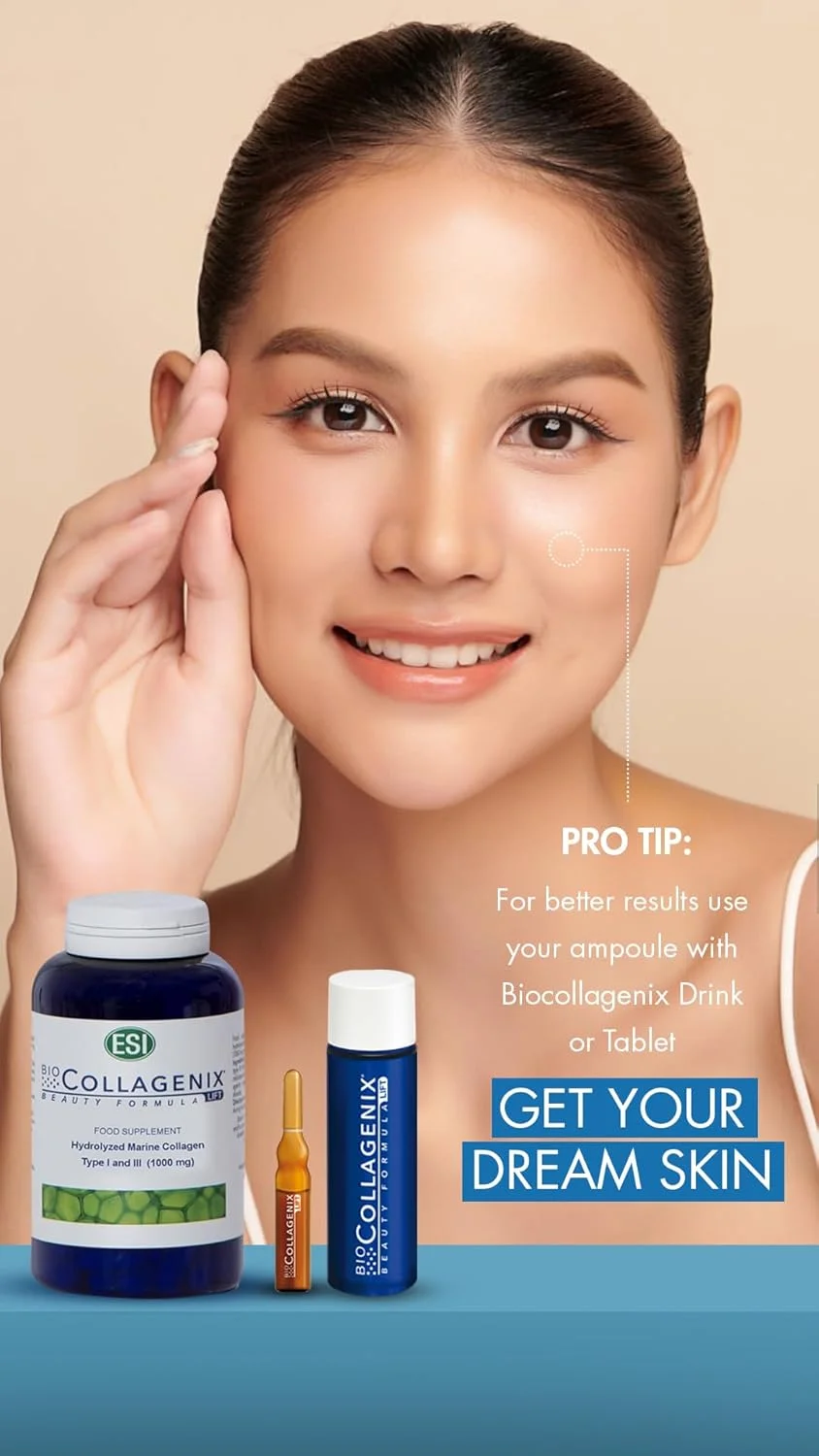 مکمل کلاژن دریایی ضد پیری ESI Biocollagenix، 1000 میلی گرم (120 قرص) - افزایش خاصیت ارتجاعی پوست، کاهش علائم پیری، افزایش آبرسانی و استحکام و پشتیبانی از مو و ناخن با محافظت در برابر اشعه ماوراء بنفش مکمل کلاژن دریایی ضد پیری ESI Biocollagenix، 1000 میلی گرم (120 قرص) - افزایش خاصیت ارتجاعی پوست، کاهش علائم پیری، افزایش آبرسانی و استحکام و پشتیبانی از مو و ناخن با محافظت در برابر اشعه ماوراء بنفش