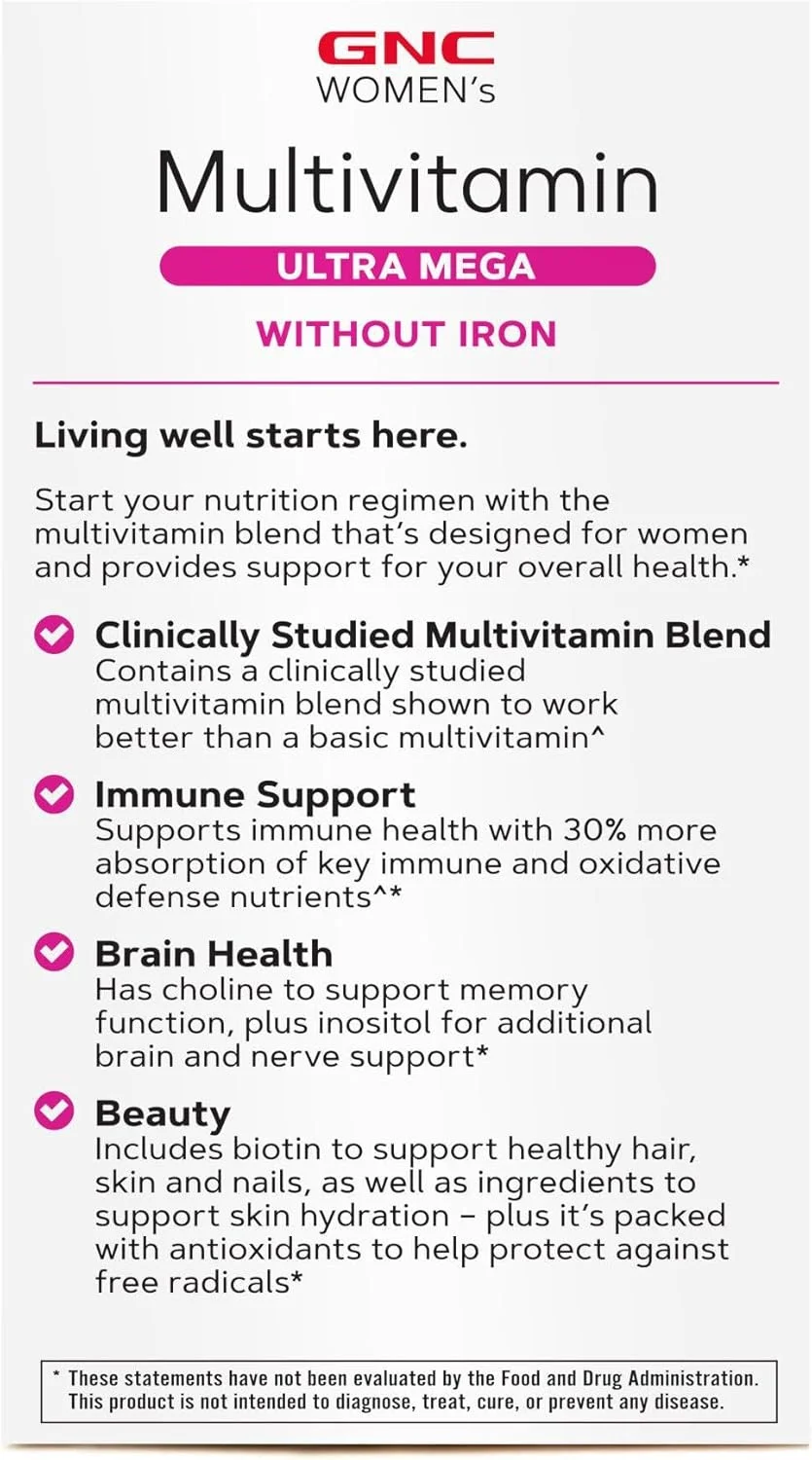 مولتی ویتامین Ultra Mega مخصوص بانوان GNC بدون آهن، مکمل ویتامین روزانه، پشتیبانی از سیستم ایمنی، مغز، مو، پوست و ناخن، 180 عدد مولتی ویتامین Ultra Mega مخصوص بانوان GNC بدون آهن، مکمل ویتامین روزانه، پشتیبانی از سیستم ایمنی، مغز، مو، پوست و ناخن، 180 عدد