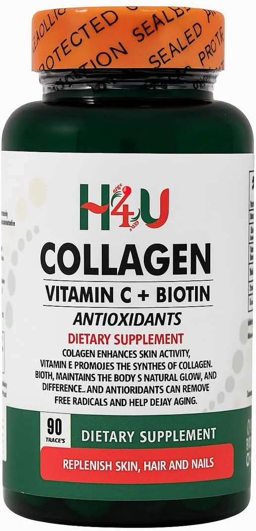 مکمل کلاژن H4U با ویتامین C و بیوتین، مکمل پوست، مو و ناخن، حاوی آنتی اکسیدان، قرص، 90 عدد
