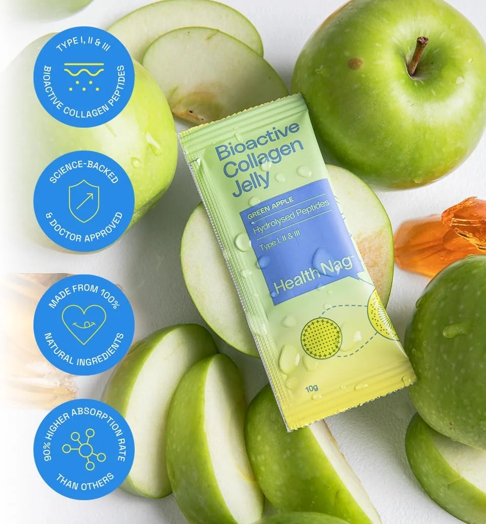 ژله کلاژن فعال زیستی هلث نگ، پپتیدهای هیدرولیز شده خالص نوع I، II و III، ساشه های آماده مصرف، 20 ساشه در 1 جعبه - سیب سبز، بسته 2 عددی (تحویل با ماشین یخچال دار)