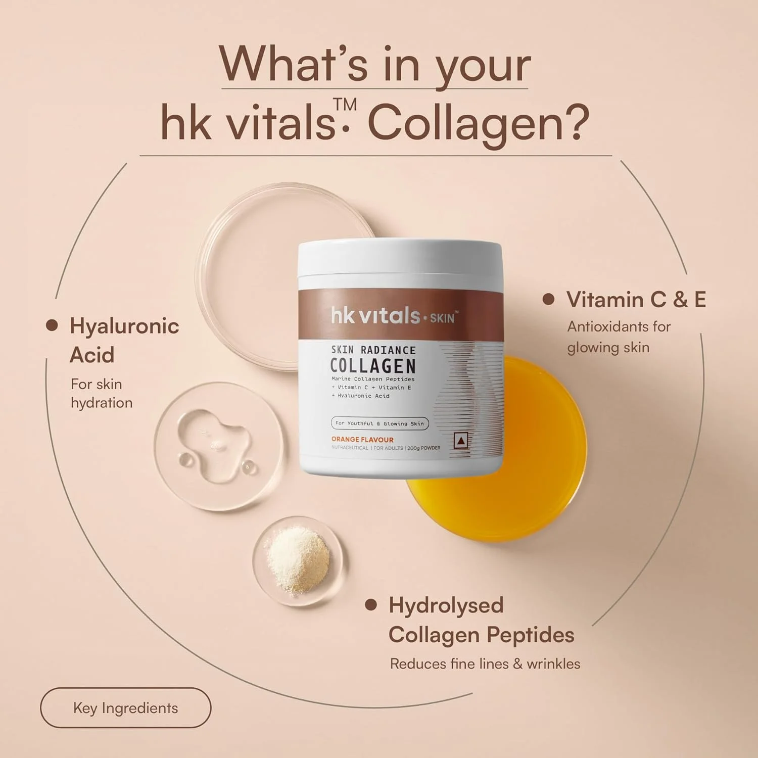 پودر کلاژن درخشان کننده پوست هلث کارت HK Vitals، کلاژن دریایی (پرتقال، 200 گرم)، مکمل های کلاژن برای زنان و مردان با بیوتین، ویتامین C، E، سدیم هیالورونات، برای پوست، مو و ناخن های سالم
