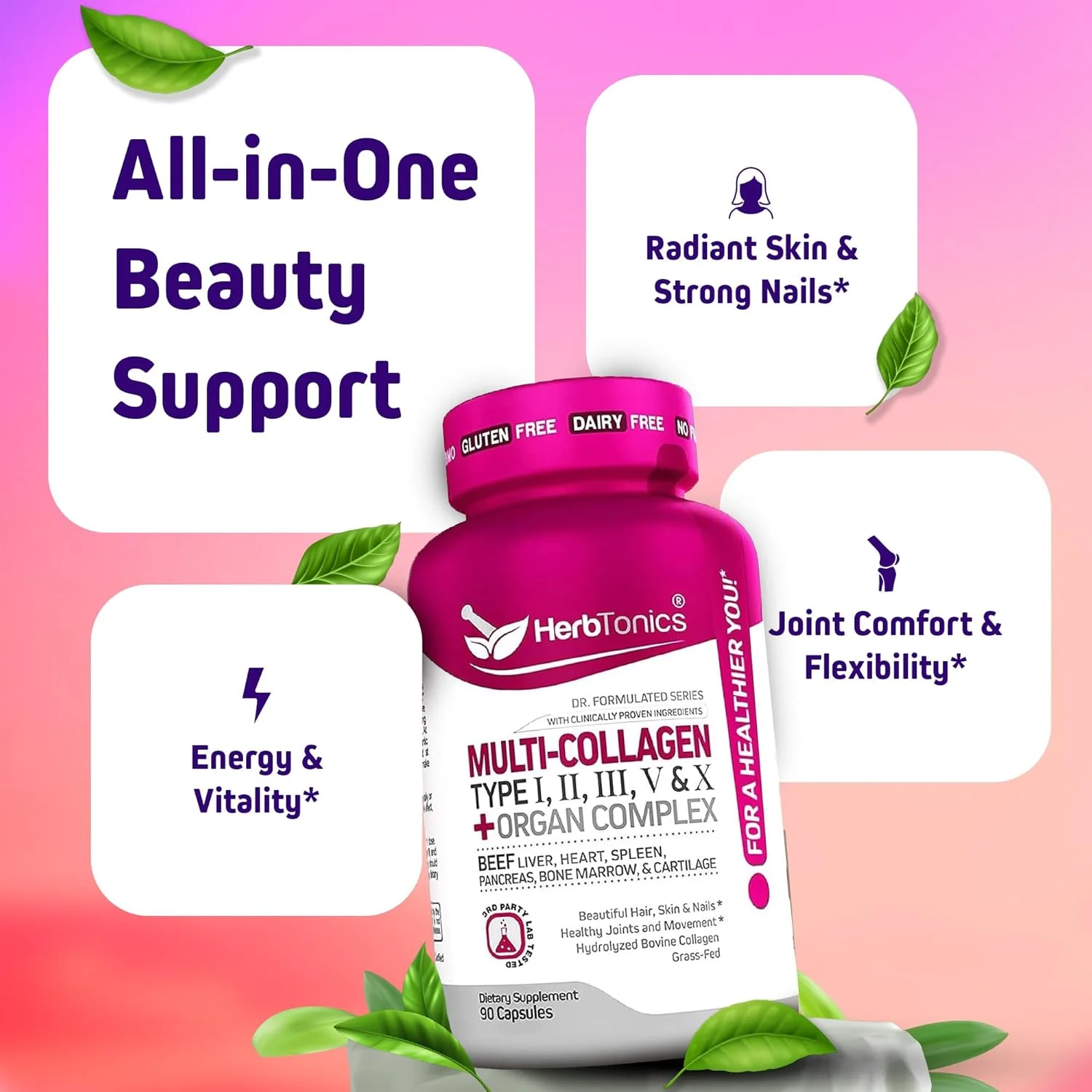 کپسول های کلاژن ترکیبی Herbtonics انواع I، II، III، V و X + پپتیدهای پروتئینی + کمپلکس ارگان نوع 1، 2، 3، 5 و 10 پودر آب قلم برای مو، پوست، ناخن و مکمل مفاصل، 90 قرص گیاهی کپسول های کلاژن ترکیبی Herbtonics انواع I، II، III، V و X + پپتیدهای پروتئینی + کمپلکس ارگان نوع 1، 2، 3، 5 و 10 پودر آب قلم برای مو، پوست، ناخن و مکمل مفاصل، 90 قرص گیاهی