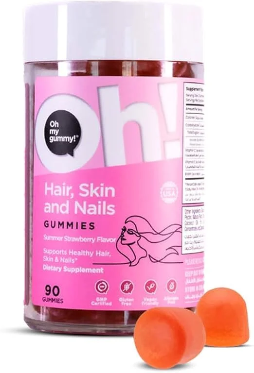 پاستیل های مو، پوست و ناخن اوه مای اوه! (طعم توت فرنگی، 90 عدد) - غنی شده با بیوتین برای شادابی مو، درخشندگی پوست، سلامت ناخن، افزایش کلاژن، بدون گلوتن، غیر تراریخته، مناسب گیاهخواران