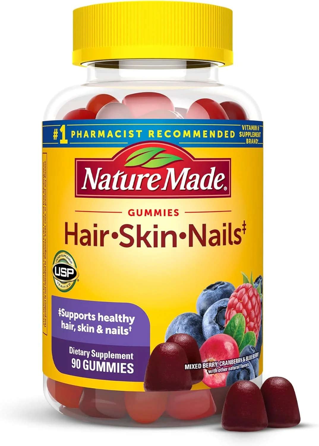 پاستیل های بزرگسالان نیچر مید برای مو، پوست و ناخن با طعم توت مخلوط، کرنبری و بلوبری، 90 عدد