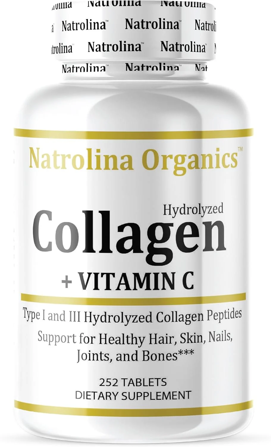ناترولینا سوپر کلاژن 6000 میلی گرم با ویتامین C، 252 قرص | پشتیبانی از پوست سالم و درخشان، مو، ناخن های قوی، استخوان ها و مفاصل | کلاژن هیدرولیز شده نوع I و III + مکمل های ویتامین C برای مردان و زنان