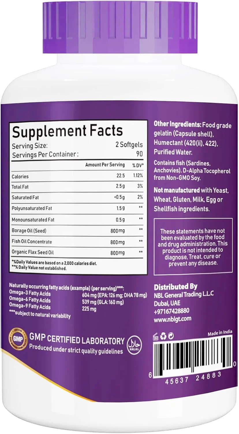 امگا 3-6-9 طبیعی NBL با دوز 1200 میلی گرم، ترکیبی از روغن ماهی، گل گاوزبان و تخم کتان، پشتیبانی از پوست، مو، قلب و حافظه، 180 سافت ژل امگا 3-6-9 طبیعی NBL با دوز 1200 میلی گرم، ترکیبی از روغن ماهی، گل گاوزبان و تخم کتان، پشتیبانی از پوست، مو، قلب و حافظه، 180 سافت ژل