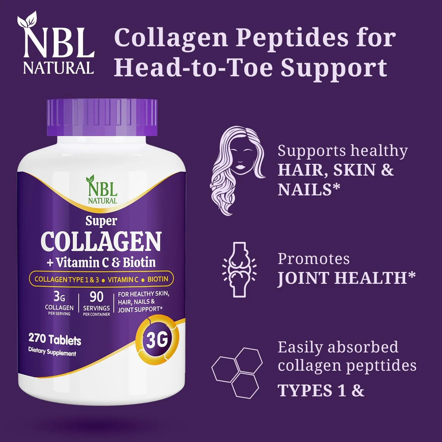 قرص های سوپر کلاژن طبیعی NBL – 270 عدد – کلاژن نوع 1 و 3 با ویتامین C و بیوتین – 3 گرم در هر وعده – پشتیبانی از سلامت مو، پوست، ناخن و مفاصل – 90 وعده قرص های سوپر کلاژن طبیعی NBL – 270 عدد – کلاژن نوع 1 و 3 با ویتامین C و بیوتین – 3 گرم در هر وعده – پشتیبانی از سلامت مو، پوست، ناخن و مفاصل – 90 وعده