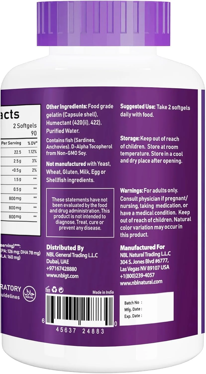 امگا 3-6-9 طبیعی NBL با دوز 1200 میلی گرم، ترکیبی از روغن ماهی، گل گاوزبان و تخم کتان، پشتیبانی از پوست، مو، قلب و حافظه، 180 سافت ژل امگا 3-6-9 طبیعی NBL با دوز 1200 میلی گرم، ترکیبی از روغن ماهی، گل گاوزبان و تخم کتان، پشتیبانی از پوست، مو، قلب و حافظه، 180 سافت ژل