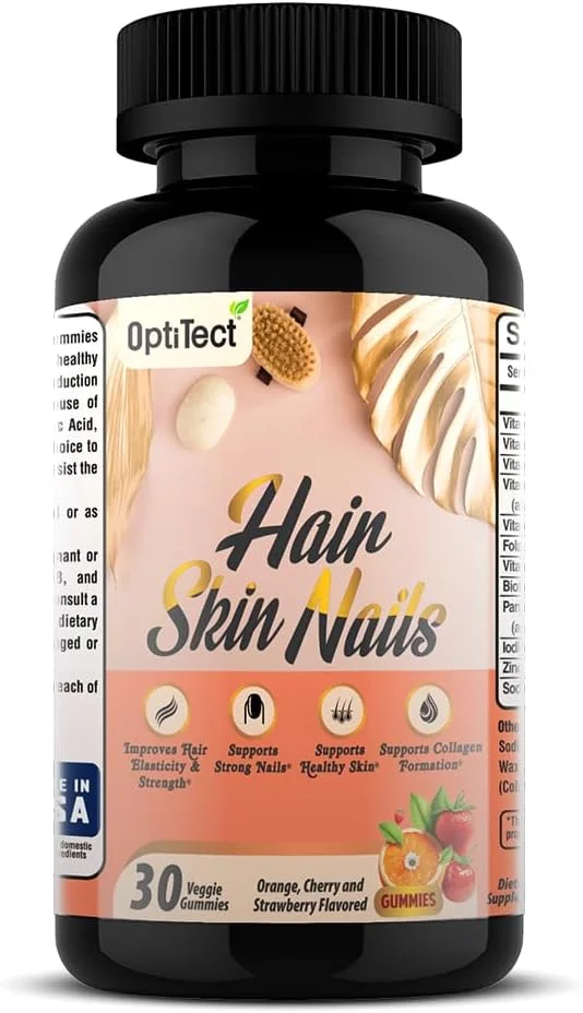 پاستیل های تقویت کننده مو، پوست و ناخن OptiTect - پاستیل های بیوتین تقویت کننده زیبایی - پشتیبانی گیاهی از مو، پوست و ناخن با کلاژن، روی و ید - با طعم پرتقال، گیلاس و توت فرنگی - (30 پاستیل گیاهی)