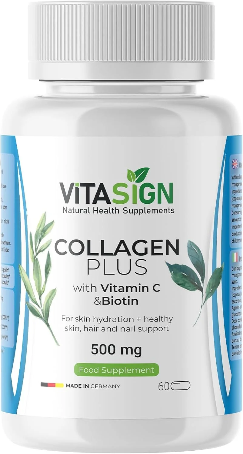 کپسول کلاژن پلاس ممتاز 500 میلی گرم با ویتامین C و بیوتین، برای آبرسانی پوست، سلامت پوست، مو و ناخن