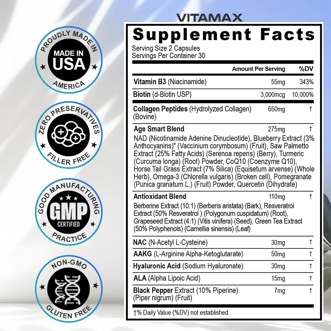 رزوراترول NAD+ بربرین اسید هیالورونیک - بیوتین انگور و بلوبری + NAC - پپتیدهای کلاژن - مکمل مو، ناخن، پوست و مفاصل - 21 در 1 مناسب بانوان و آقایان - ساخت آمریکا (60 عدد) رزوراترول NAD+ بربرین اسید هیالورونیک - بیوتین انگور و بلوبری + NAC - پپتیدهای کلاژن - مکمل مو، ناخن، پوست و مفاصل - 21 در 1 مناسب بانوان و آقایان - ساخت آمریکا (60 عدد)