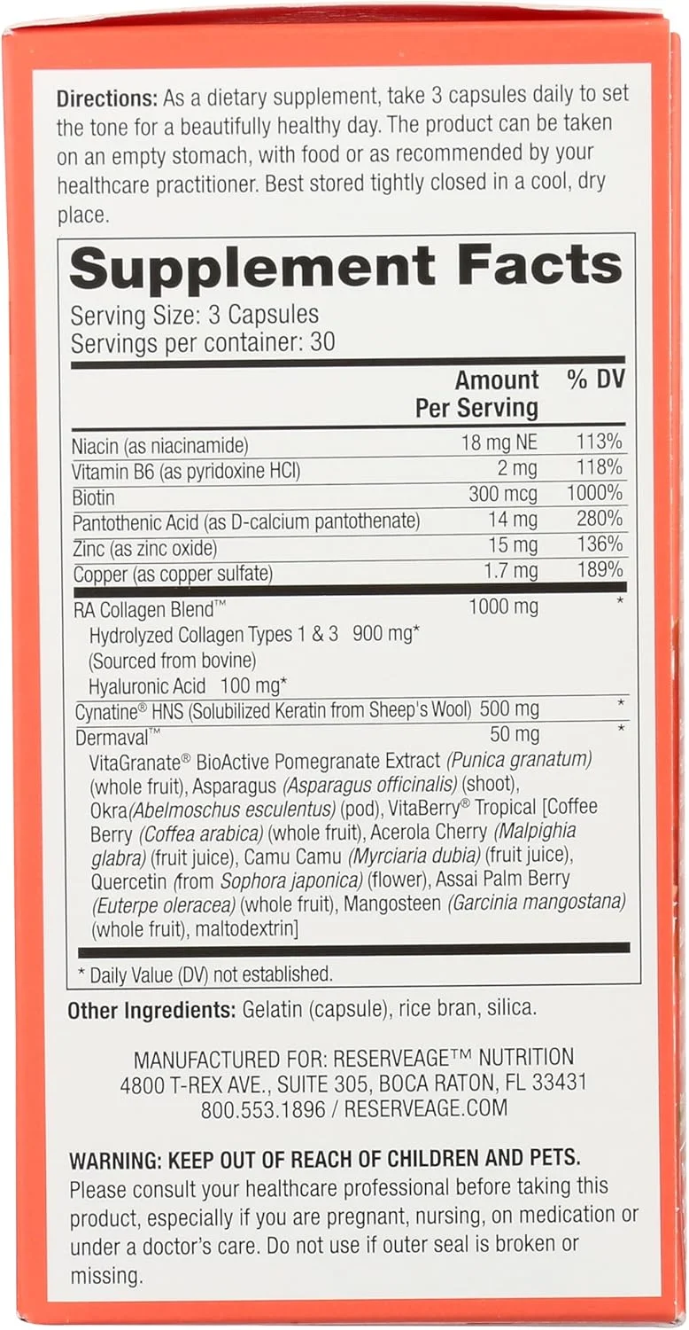 رزرو ایج نوتریشن، مکمل زیبایی مو، پوست و ناخن با کلاژن، کراتین و بیوتین، بدون گلوتن، 90 کپسول (30 سروینگ) رزرو ایج نوتریشن، مکمل زیبایی مو، پوست و ناخن با کلاژن، کراتین و بیوتین، بدون گلوتن، 90 کپسول (30 سروینگ)