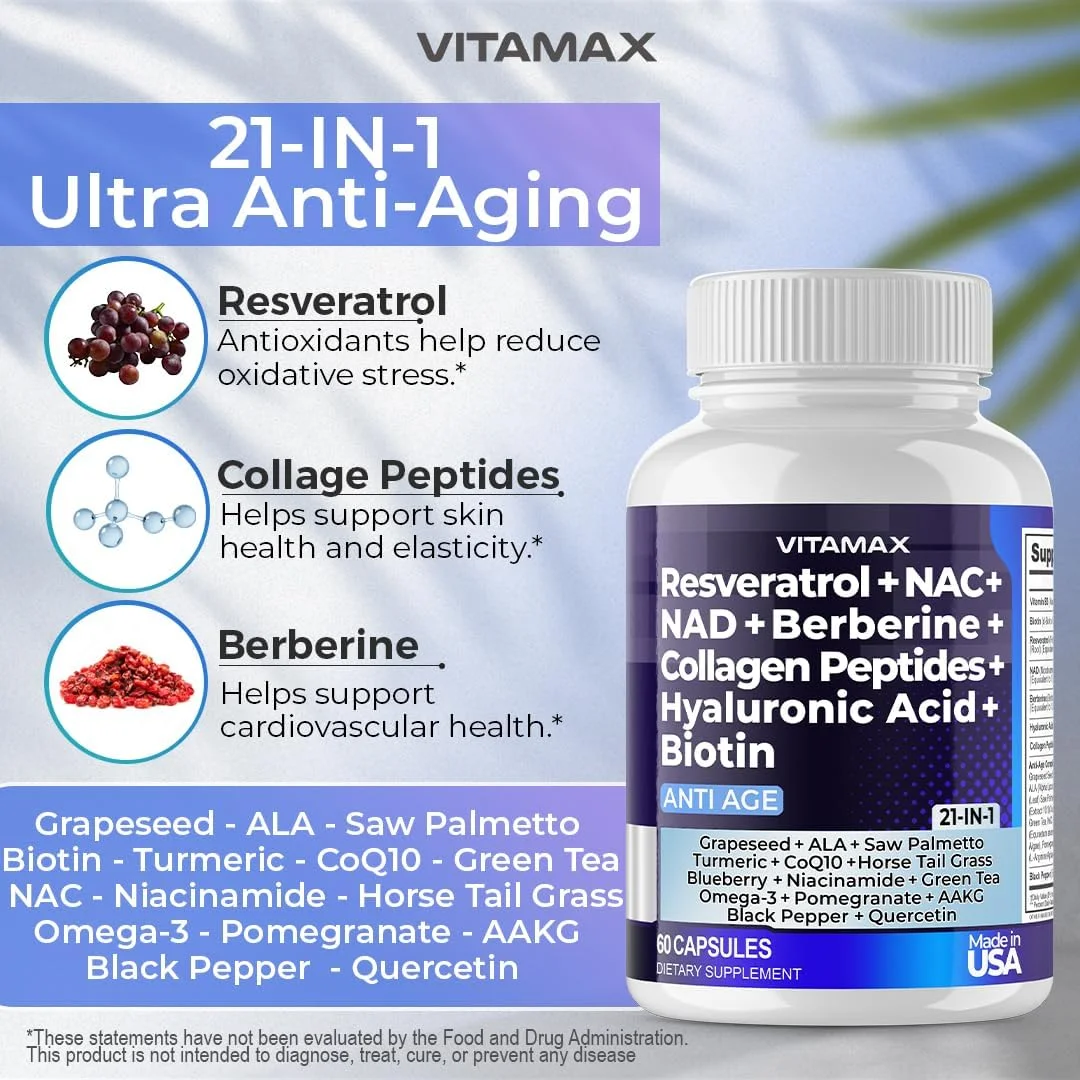 رزوراترول NAD+ بربرین اسید هیالورونیک - بیوتین انگور و بلوبری + NAC - پپتیدهای کلاژن - مکمل مو، ناخن، پوست و مفاصل - 21 در 1 مناسب بانوان و آقایان - ساخت آمریکا (60 عدد) رزوراترول NAD+ بربرین اسید هیالورونیک - بیوتین انگور و بلوبری + NAC - پپتیدهای کلاژن - مکمل مو، ناخن، پوست و مفاصل - 21 در 1 مناسب بانوان و آقایان - ساخت آمریکا (60 عدد)