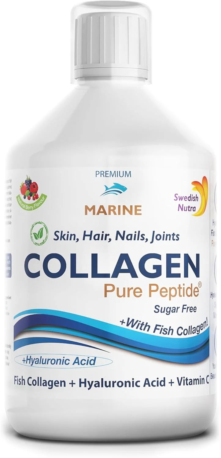 مکمل مایع کلاژن دریایی هیدرولیز شده Swedish Nutra - بسته 500 میلی لیتری، تامین 20 روزه | پپتید خالص و ویتامین ها برای مو، پوست، ناخن و مفاصل سالم | طعم توت طبیعی 100%