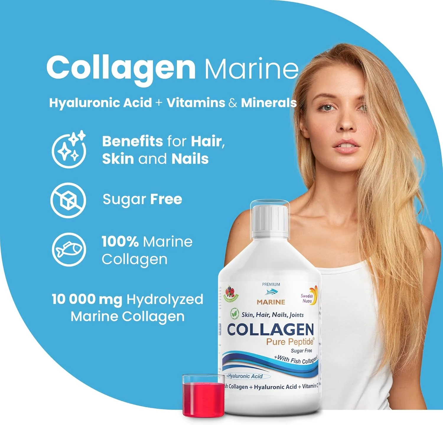 مکمل مایع کلاژن دریایی هیدرولیز شده Swedish Nutra - بسته 500 میلی لیتری، تامین 20 روزه | پپتید خالص و ویتامین ها برای مو، پوست، ناخن و مفاصل سالم | طعم توت طبیعی 100%