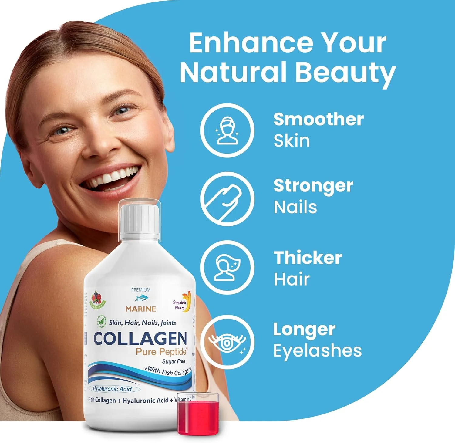 مکمل مایع کلاژن دریایی هیدرولیز شده Swedish Nutra - بسته 500 میلی لیتری، تامین 20 روزه | پپتید خالص و ویتامین ها برای مو، پوست، ناخن و مفاصل سالم | طعم توت طبیعی 100%