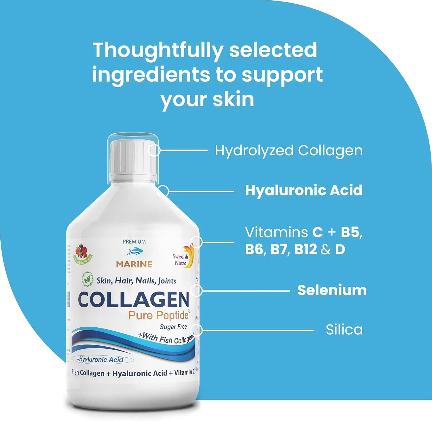 مکمل مایع کلاژن دریایی هیدرولیز شده Swedish Nutra - بسته 500 میلی لیتری، تامین 20 روزه | پپتید خالص و ویتامین ها برای مو، پوست، ناخن و مفاصل سالم | طعم توت طبیعی 100%