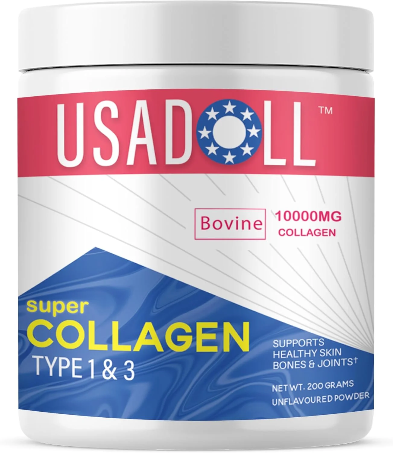 پودر پپتید سوپر کلاژن USADOLL نوع 1 و 3 بدون طعم 200 گرم | 10000 میلی گرم کلاژن گاوی تغذیه شده با علف برای پوست، مو، ناخن های سالم و پشتیبانی از مفاصل | فرمول ضد پیری مفاصل | غیر GMO