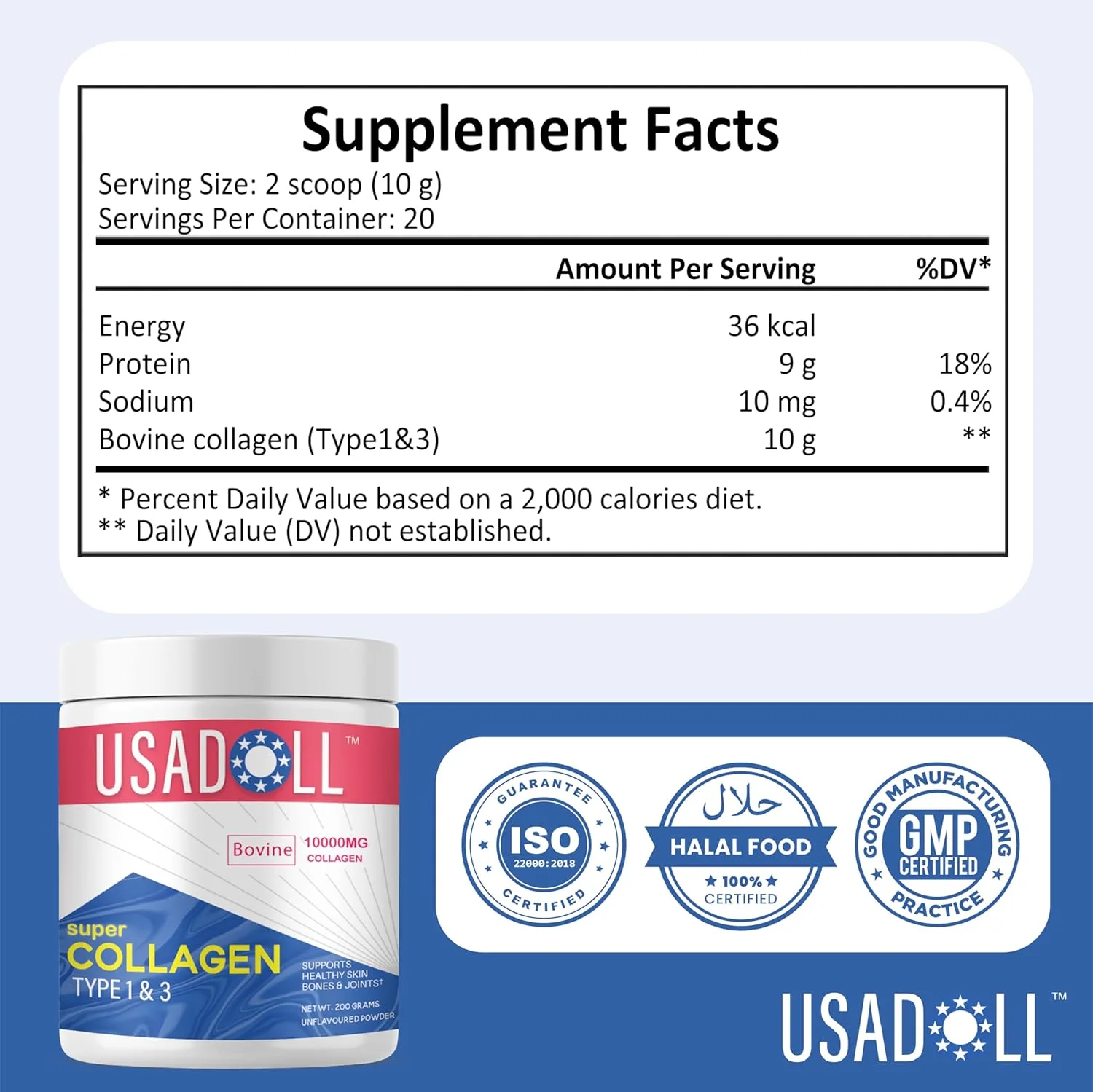 پودر پپتید سوپر کلاژن USADOLL نوع 1 و 3 بدون طعم 200 گرم | 10000 میلی گرم کلاژن گاوی تغذیه شده با علف برای پوست، مو، ناخن های سالم و پشتیبانی از مفاصل | فرمول ضد پیری مفاصل | غیر GMO