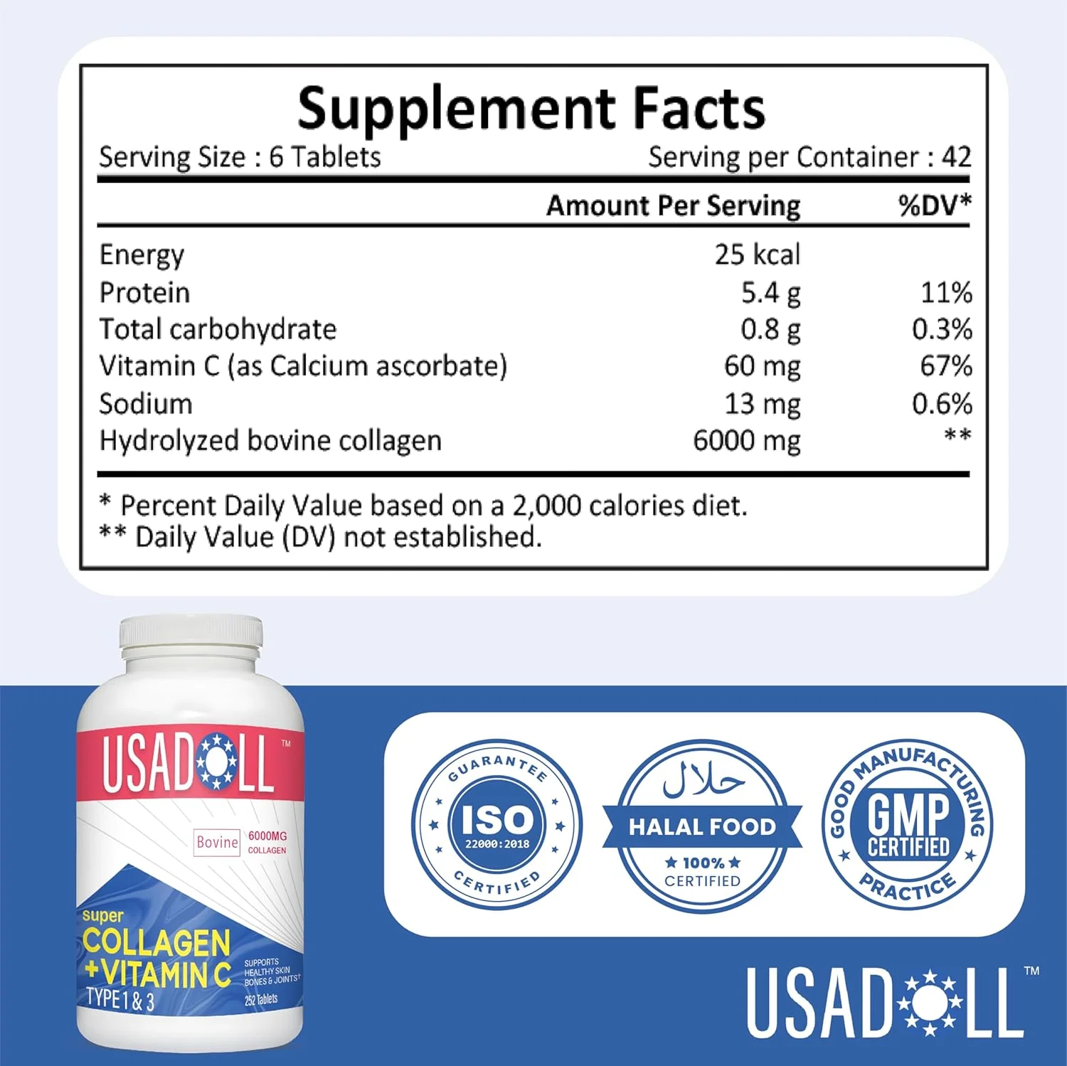 سوپر کلاژن 6000 میلی گرم با ویتامین C، 252 قرص | پپتیدهای کلاژن هیدرولیز شده نوع 1 و 3 گاوی برای موهای سالم، پوست درخشان، ناخن های قوی، استخوان ها و مفاصل | غیر GMO، بدون گلوتن