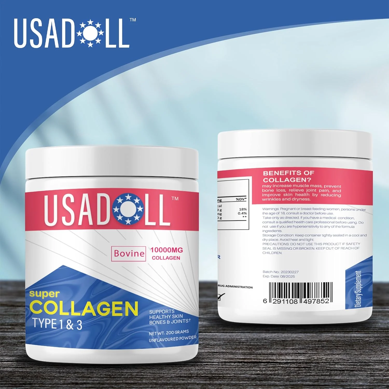 پودر پپتید سوپر کلاژن USADOLL نوع 1 و 3 بدون طعم 200 گرم | 10000 میلی گرم کلاژن گاوی تغذیه شده با علف برای پوست، مو، ناخن های سالم و پشتیبانی از مفاصل | فرمول ضد پیری مفاصل | غیر GMO