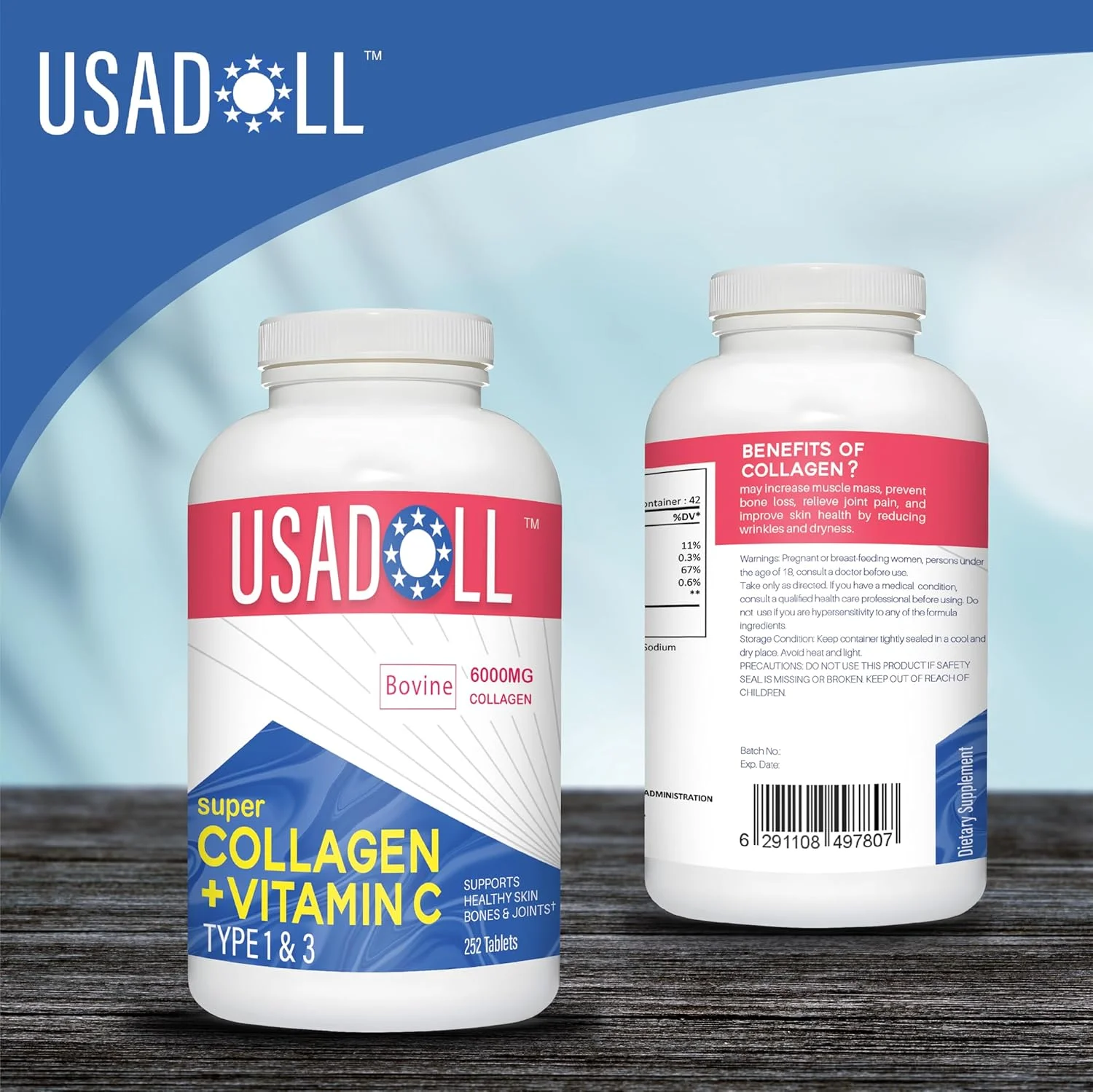 سوپر کلاژن 6000 میلی گرم با ویتامین C، 252 قرص | پپتیدهای کلاژن هیدرولیز شده نوع 1 و 3 گاوی برای موهای سالم، پوست درخشان، ناخن های قوی، استخوان ها و مفاصل | غیر GMO، بدون گلوتن