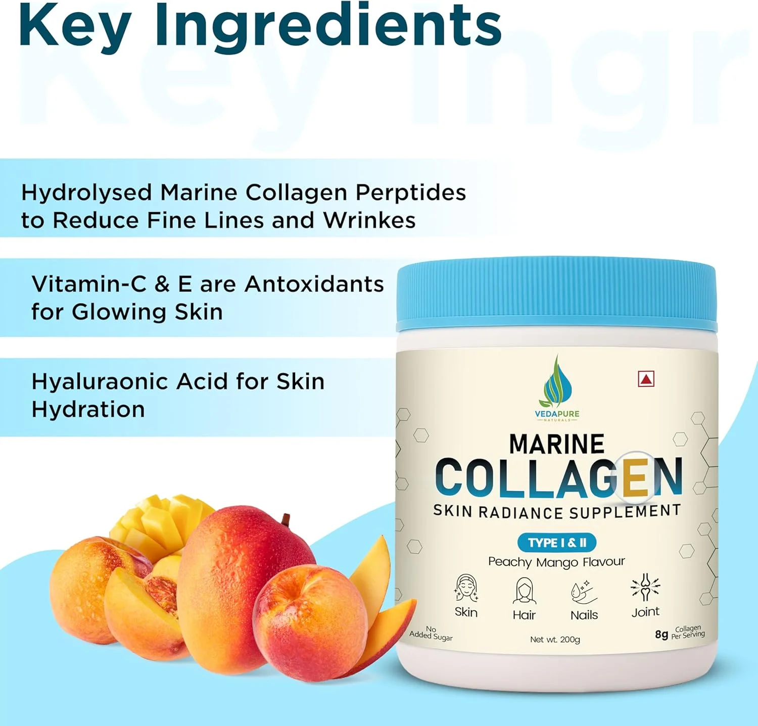 مکمل درخشان کننده پوست حاوی کلاژن دریایی ودپوره | طعم انبه هلو، 200 گرم | پودر کلاژن هیدرولیز شده با آمینو اسیدها، بیوتین، ویتامین C و E | پوست، مفاصل، مو و ناخن های سالم مکمل درخشان کننده پوست حاوی کلاژن دریایی ودپوره | طعم انبه هلو، 200 گرم | پودر کلاژن هیدرولیز شده با آمینو اسیدها، بیوتین، ویتامین C و E | پوست، مفاصل، مو و ناخن های سالم