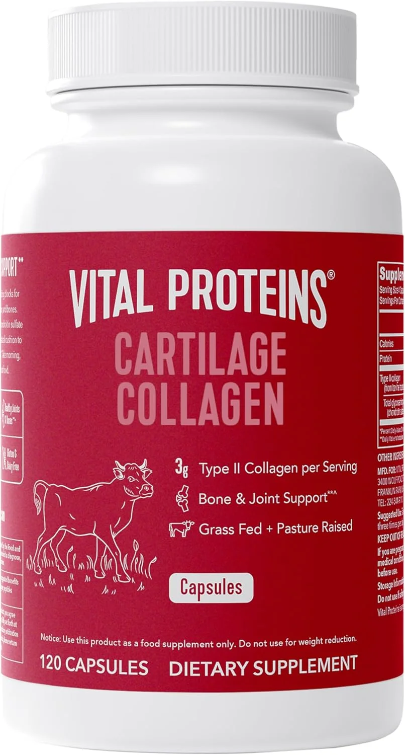 کپسول کلاژن غضروف Vital Proteins، مکمل کلاژن نوع II و کندرویتین سولفات برای بهبود و سلامت مو، پوست، ناخن و مفاصل - سروینگ 750 میلی گرمی با 120 کپسول