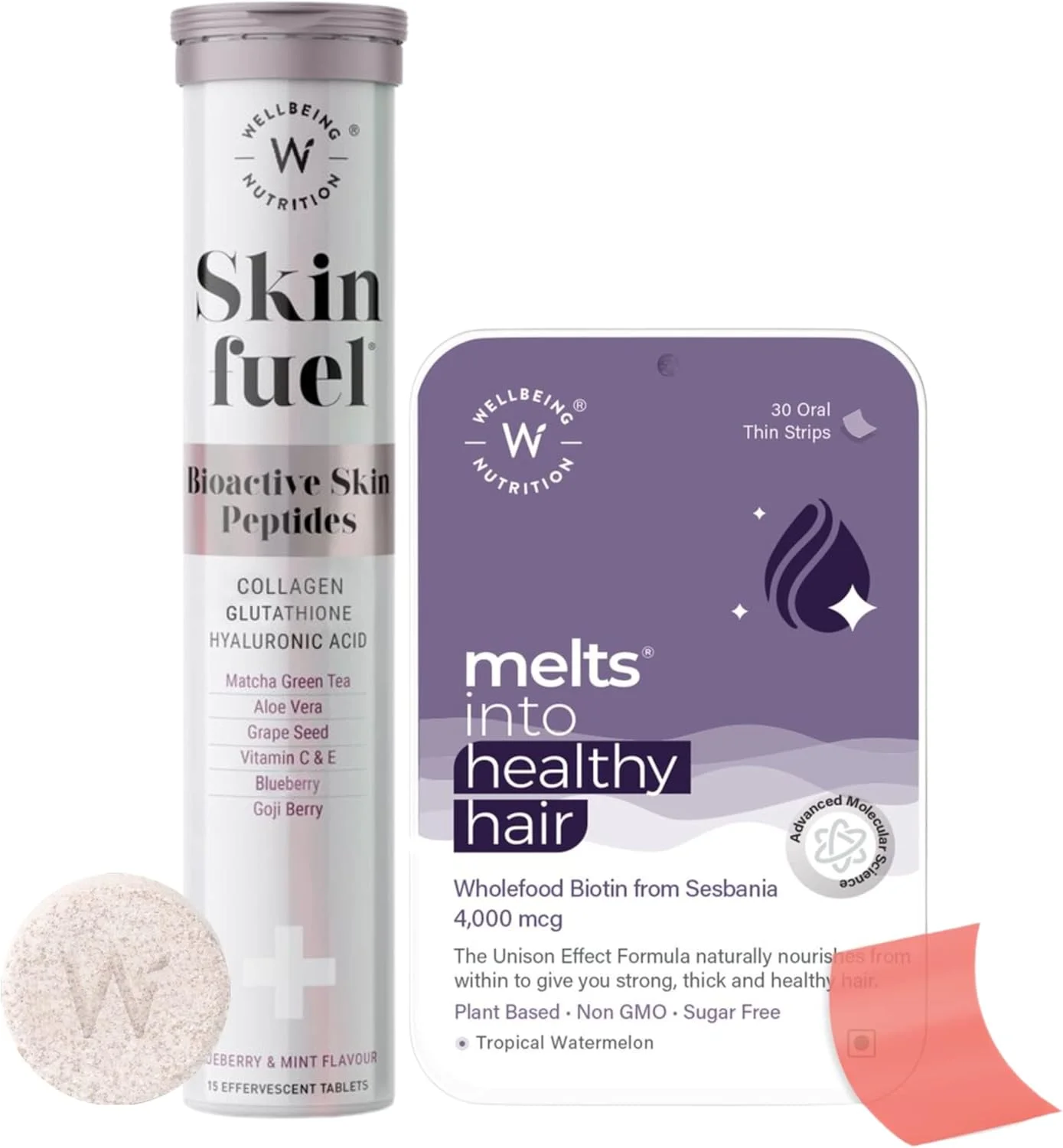 پک زیبایی پوست و مو Wellbeing Nutrition | کلاژن، ال-گلوتاتیون، اسید هیالورونیک، بیوتین گیاهی، عصاره Fo-ti (15 قرص جوشان + 30 نوار نازک خوراکی) ترکیبی