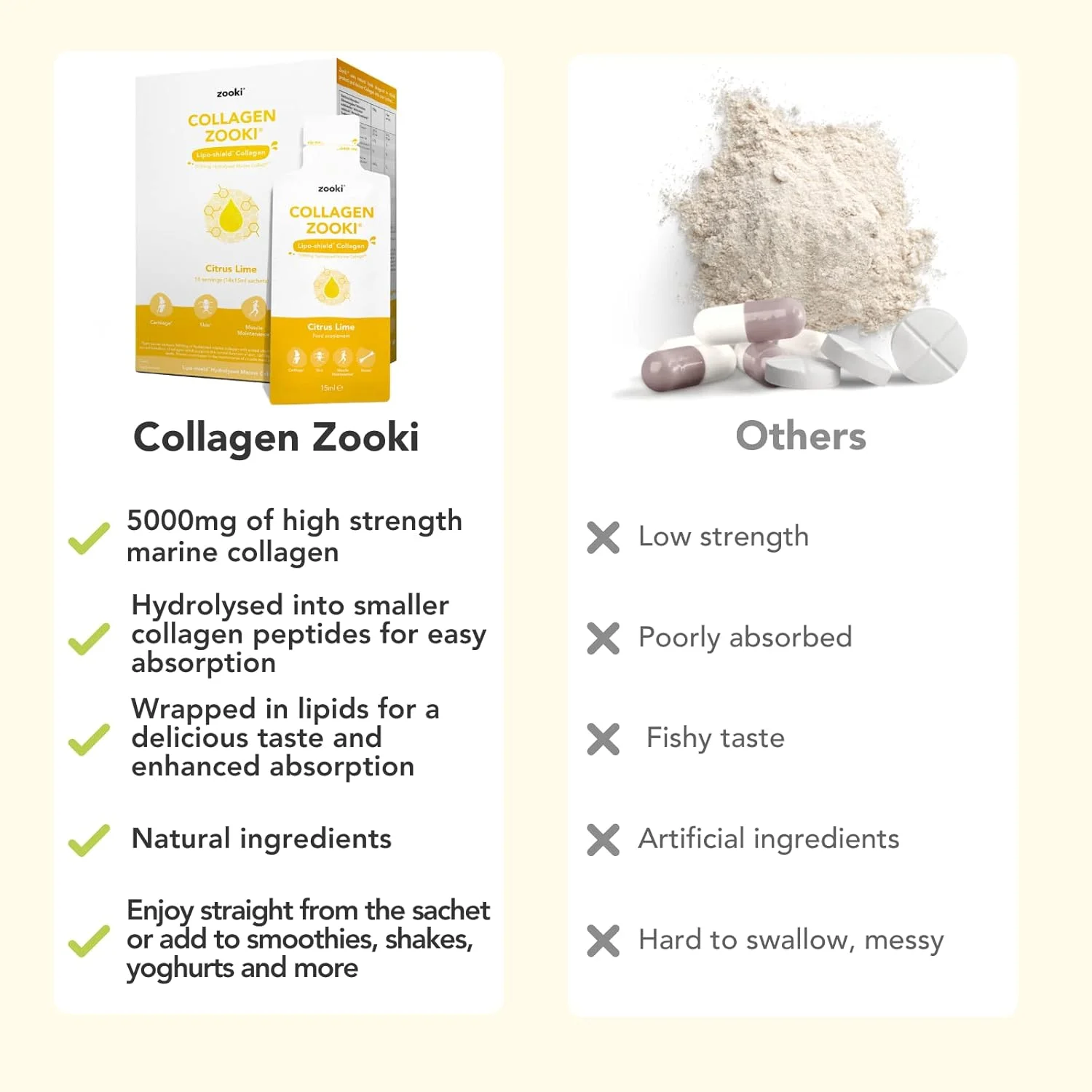 ساشه مایع کلاژن دریایی زوکی 5000 میلی گرم | پپتیدهای کلاژن دریایی هیدرولیز شده | پشتیبانی از پوست، مو، ناخن، مفاصل، استخوان ها و عضلات | (طعم مرکبات لیمو، 14 سروینگ) ساشه مایع کلاژن دریایی زوکی 5000 میلی گرم | پپتیدهای کلاژن دریایی هیدرولیز شده | پشتیبانی از پوست، مو، ناخن، مفاصل، استخوان ها و عضلات | (طعم مرکبات لیمو، 14 سروینگ)