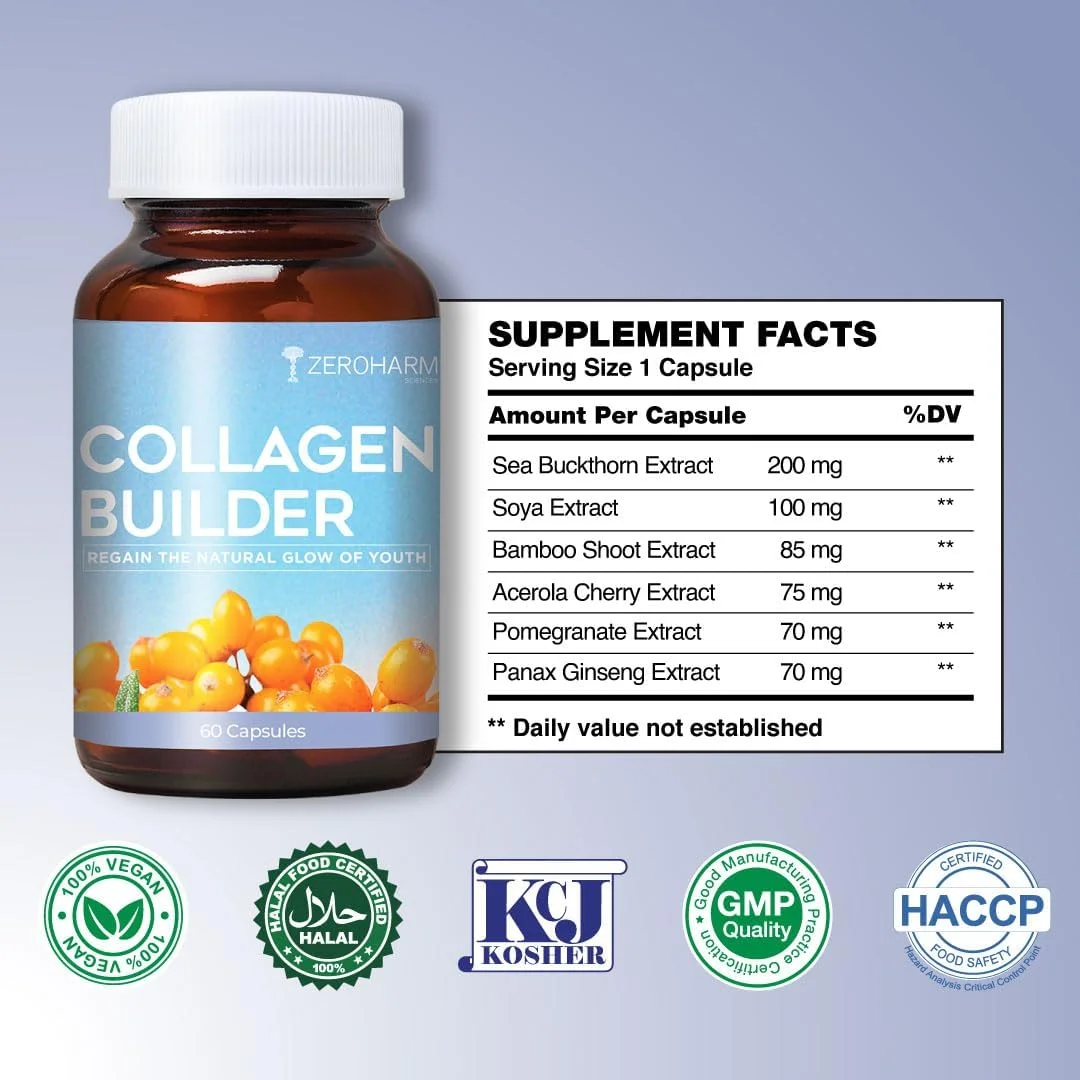 ZEROHARM کلاژن ساز با سنجد تلخ، ویتامین C، بیوتین - کلاژن گیاهی برای پوست، مو و مفاصل - مکمل 100% گیاهی برای مردان و زنان برای پوست روشن تر و جوان تر - 60 کپسول ZEROHARM کلاژن ساز با سنجد تلخ، ویتامین C، بیوتین - کلاژن گیاهی برای پوست، مو و مفاصل - مکمل 100% گیاهی برای مردان و زنان برای پوست روشن تر و جوان تر - 60 کپسول