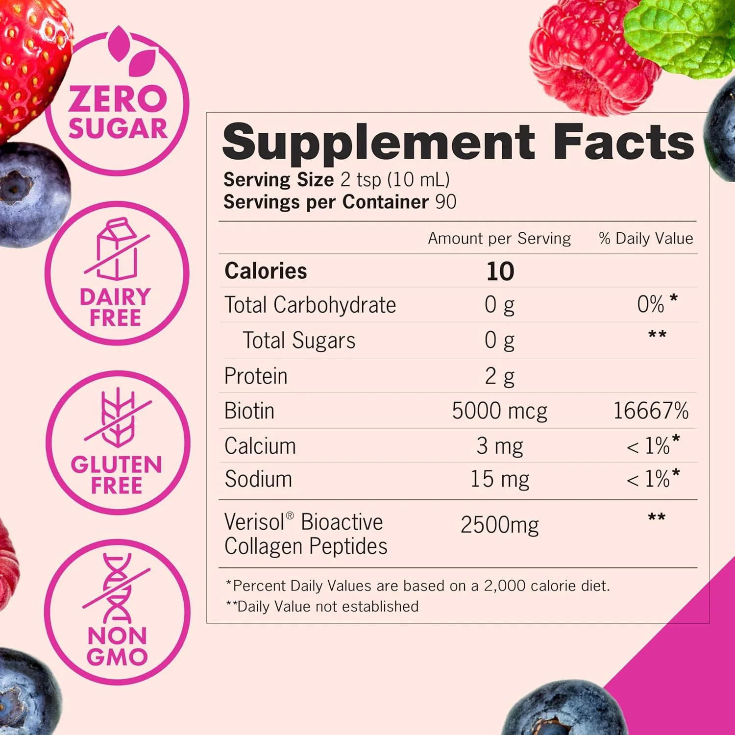 کلاژن مایع زنا + بیوتین، 2500 میلی گرم پپتیدهای کلاژن فعال زیستی و 5000 میکروگرم بیوتین، فرمول Verisol، پشتیبانی از مو، پوست، ناخن و مفاصل، تغذیه شده با علف، غیر GMO، طعم توت مخلوط، 90 سروینگ کلاژن مایع زنا + بیوتین، 2500 میلی گرم پپتیدهای کلاژن فعال زیستی و 5000 میکروگرم بیوتین، فرمول Verisol، پشتیبانی از مو، پوست، ناخن و مفاصل، تغذیه شده با علف، غیر GMO، طعم توت مخلوط، 90 سروینگ