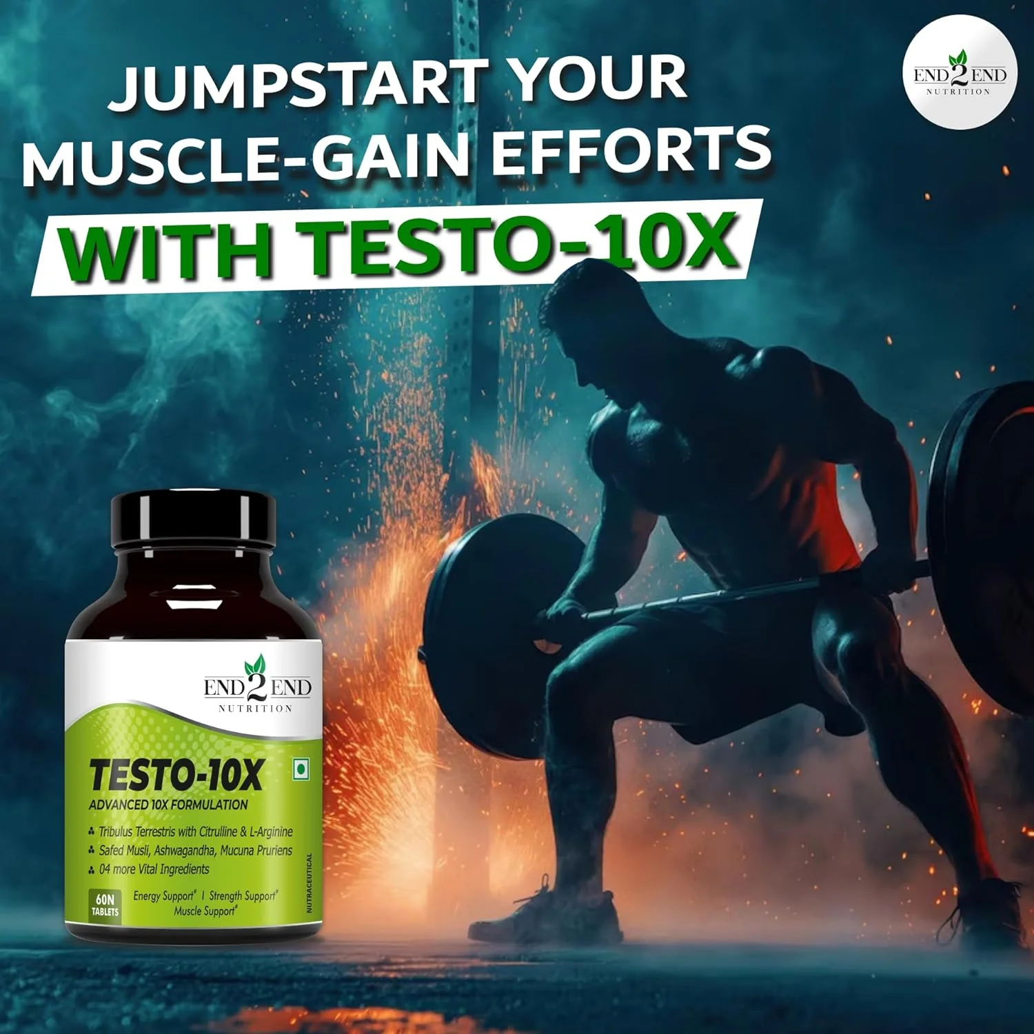 مکمل طبیعی تقویت آقایان End2End Nutrition Testo-10X با تریبولوس 1000 میلی گرم در هر وعده، ال-آرژنین، عصاره آشواگاندا، سفید موسلی و 6 ماده برای افزایش عضله و انرژی - 60 قرص