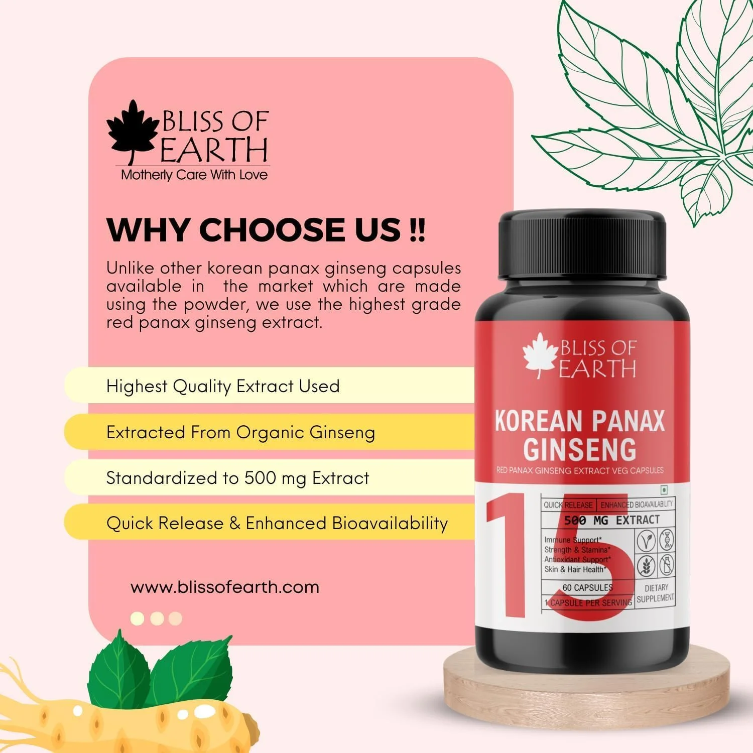 کپسول جینسینگ پاناکس قرمز کره‌ای بلیس آو ارث برای آقایان و بانوان، 500 میلی‌گرم عصاره ریشه با قدرت بالا، 60 کپسول گیاهی برای انرژی، استقامت و عملکرد