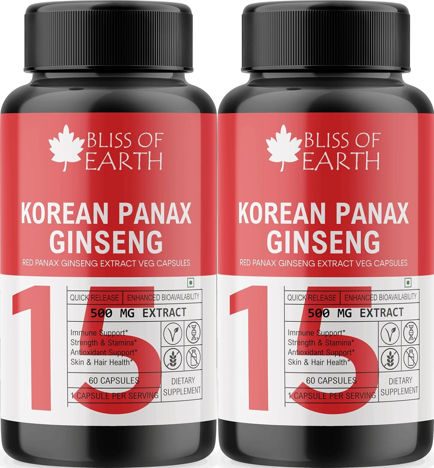 جینسینگ پاناکس قرمز کره‌ای بلیس آف ارث برای آقایان و بانوان، 500 میلی‌گرم عصاره ریشه با قدرت بالا، 60 کپسول گیاهی برای انرژی، استقامت و عملکرد (بسته 2 عددی)