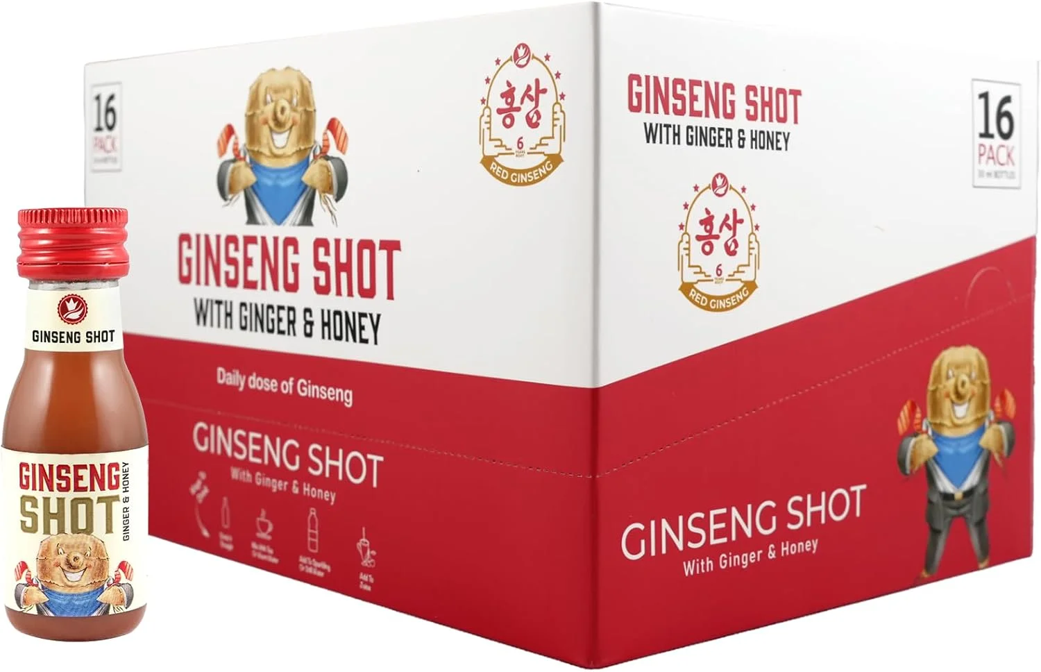 نوشیدنی جینسینگ | نوشیدنی زنجبیلی ممتاز | جینسینگ طبیعی با آب لیمو عسل زنجبیلی 30 میلی لیتر (16 عدد)