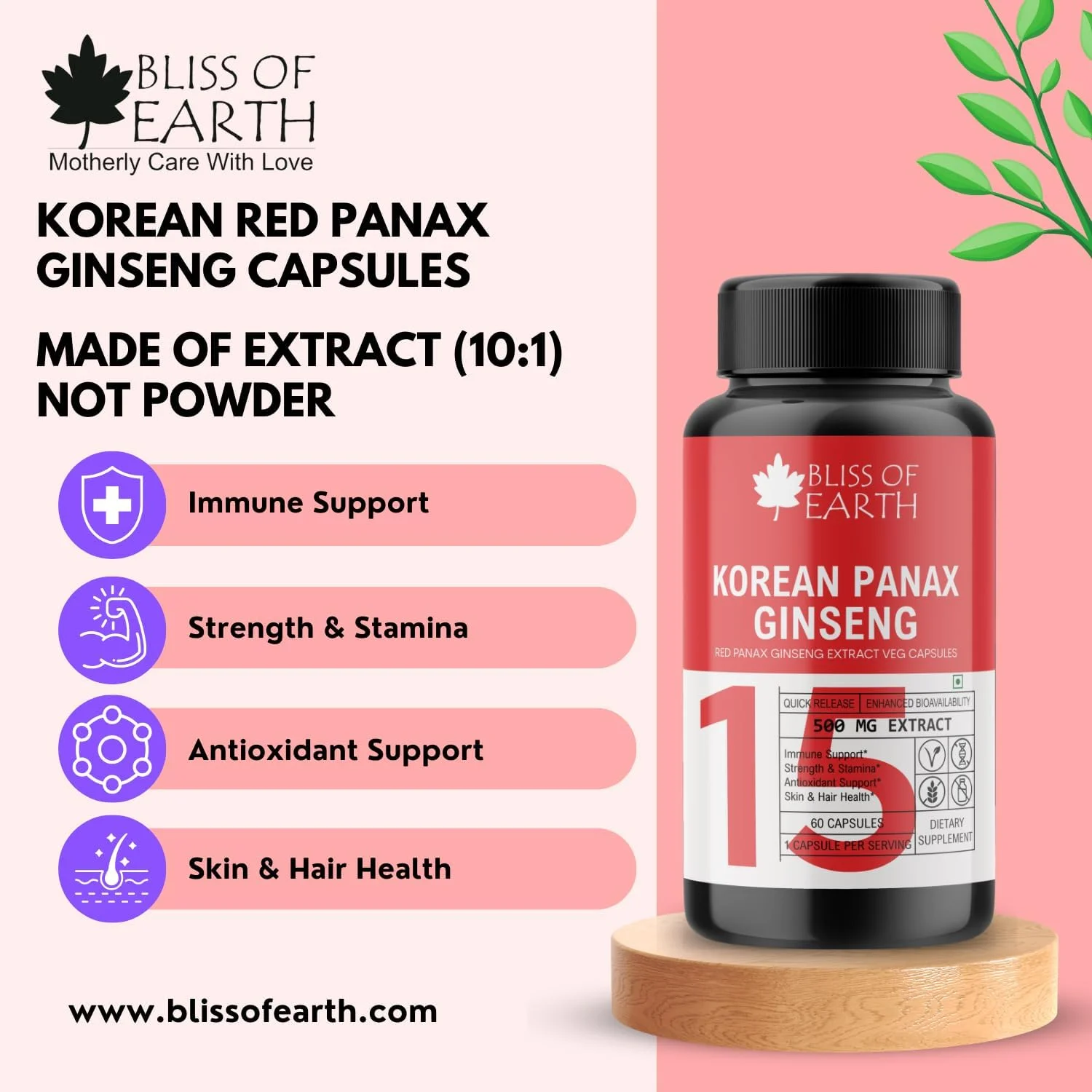 جینسینگ پاناکس قرمز کره‌ای بلیس آف ارث برای آقایان و بانوان، 500 میلی‌گرم عصاره ریشه با قدرت بالا، 60 کپسول گیاهی برای انرژی، استقامت و عملکرد (بسته 2 عددی)