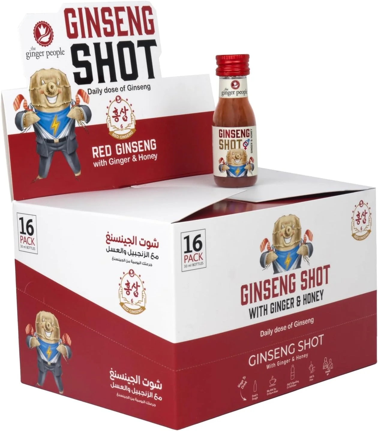 نوشیدنی جینسینگ | نوشیدنی زنجبیلی ممتاز | جینسینگ طبیعی با آب لیمو عسل زنجبیلی 30 میلی لیتر (16 عدد)