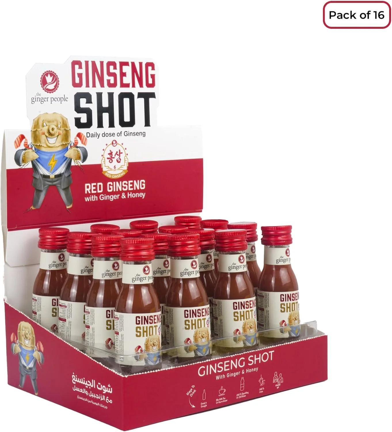 نوشیدنی جینسینگ | نوشیدنی زنجبیلی ممتاز | جینسینگ طبیعی با آب لیمو عسل زنجبیلی 30 میلی لیتر (16 عدد)