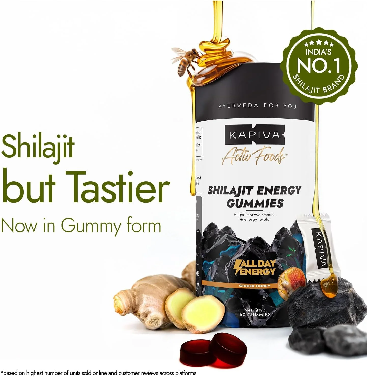 پاستیل شیلاجیت هیمالیا کاپیوا (30 عدد) | طعم زنجبیل و عسل | 225 میلی گرم شیلاجیت در هر پاستیل | پاستیل شیلاجیت دارای گواهی NABL | افزایش سطح انرژی و استقامت | بدون شکر افزوده | بدون ژلاتین