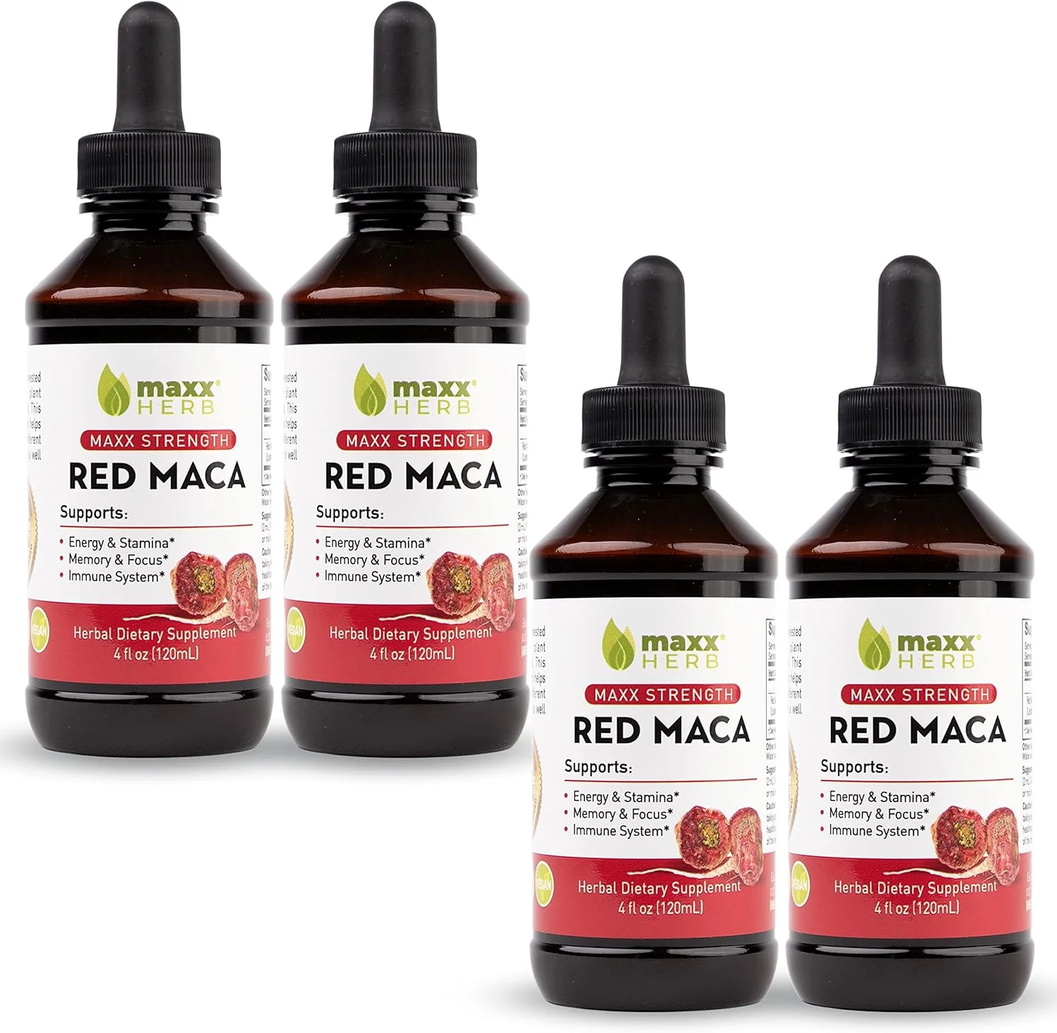 عصاره ریشه ماکا قرمز مکس هرب - قطره های مایع با حداکثر قدرت، جذب بهتر از پودر یا کپسول، برای استقامت و تعادل هورمونی - بدون الکل - 4 بطری، هر کدام 120 میلی لیتر (240 سروینگ)