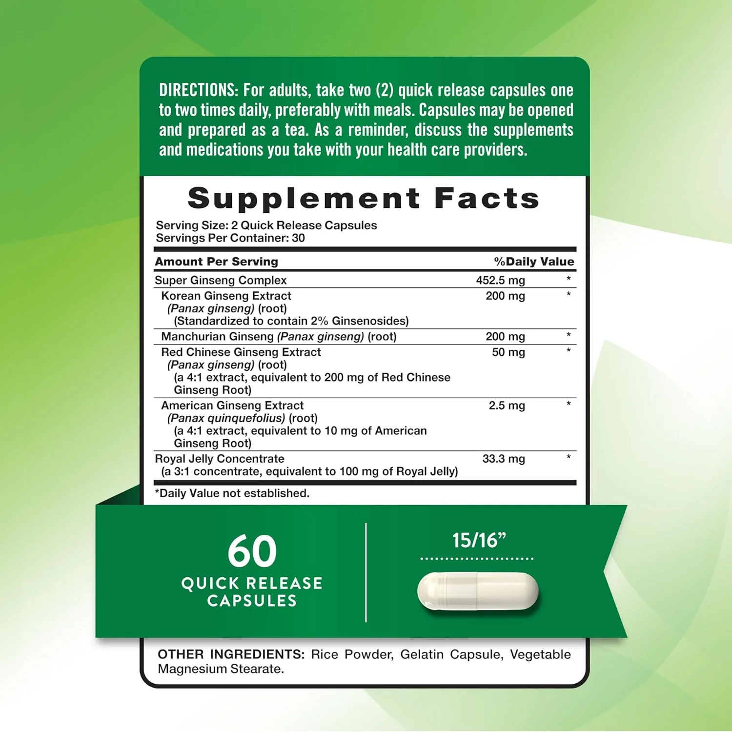 کپسول های رهش سریع کمپلکس جینسینگ سوپر Nature's Truth به همراه رویال ژلی 800 میلی گرم، 60 عدد