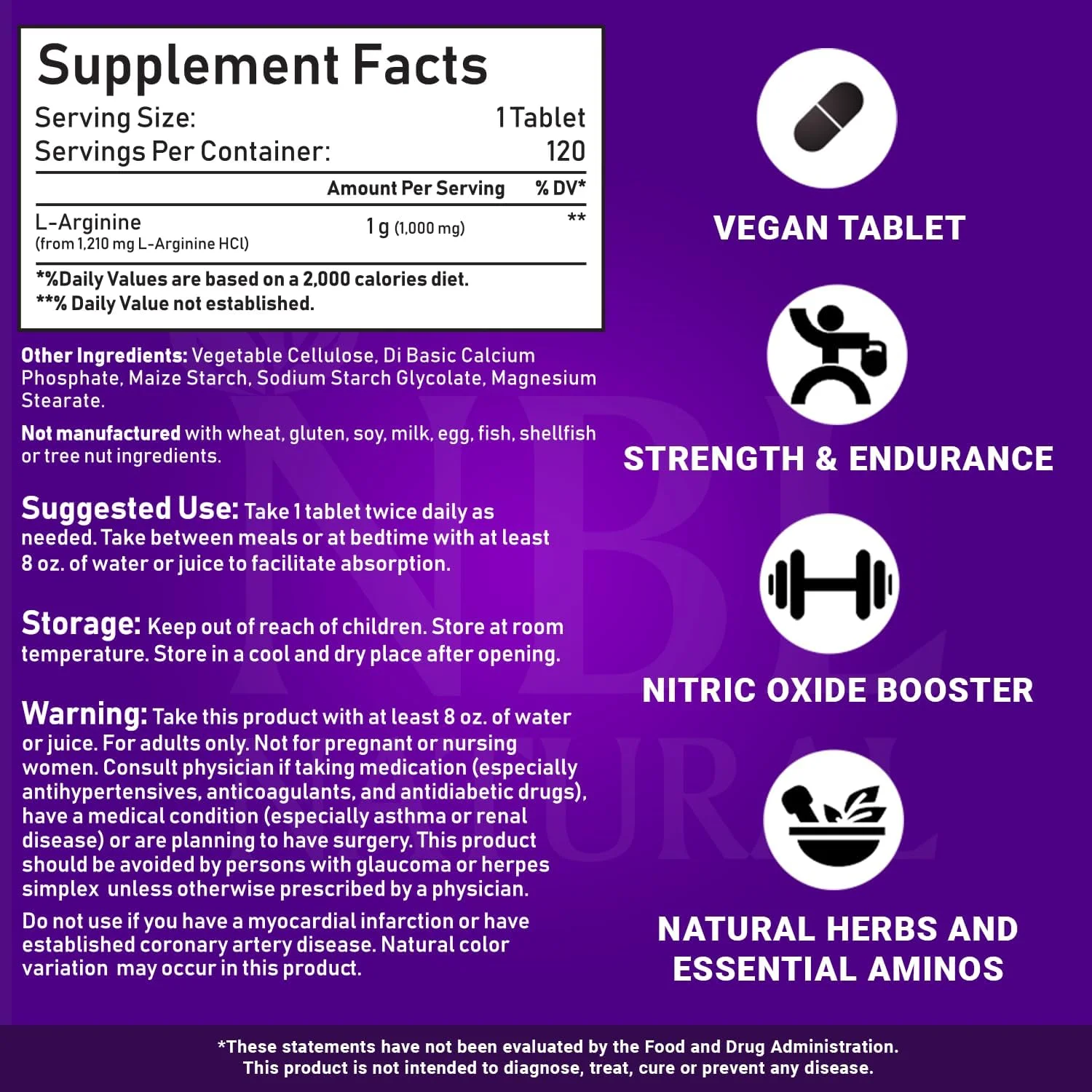 ان بی ال نچرال، ال-آرژنین 1000 میلی گرم، پیش ساز نیتریک اکسید*، آمینو اسید، 120 قرص