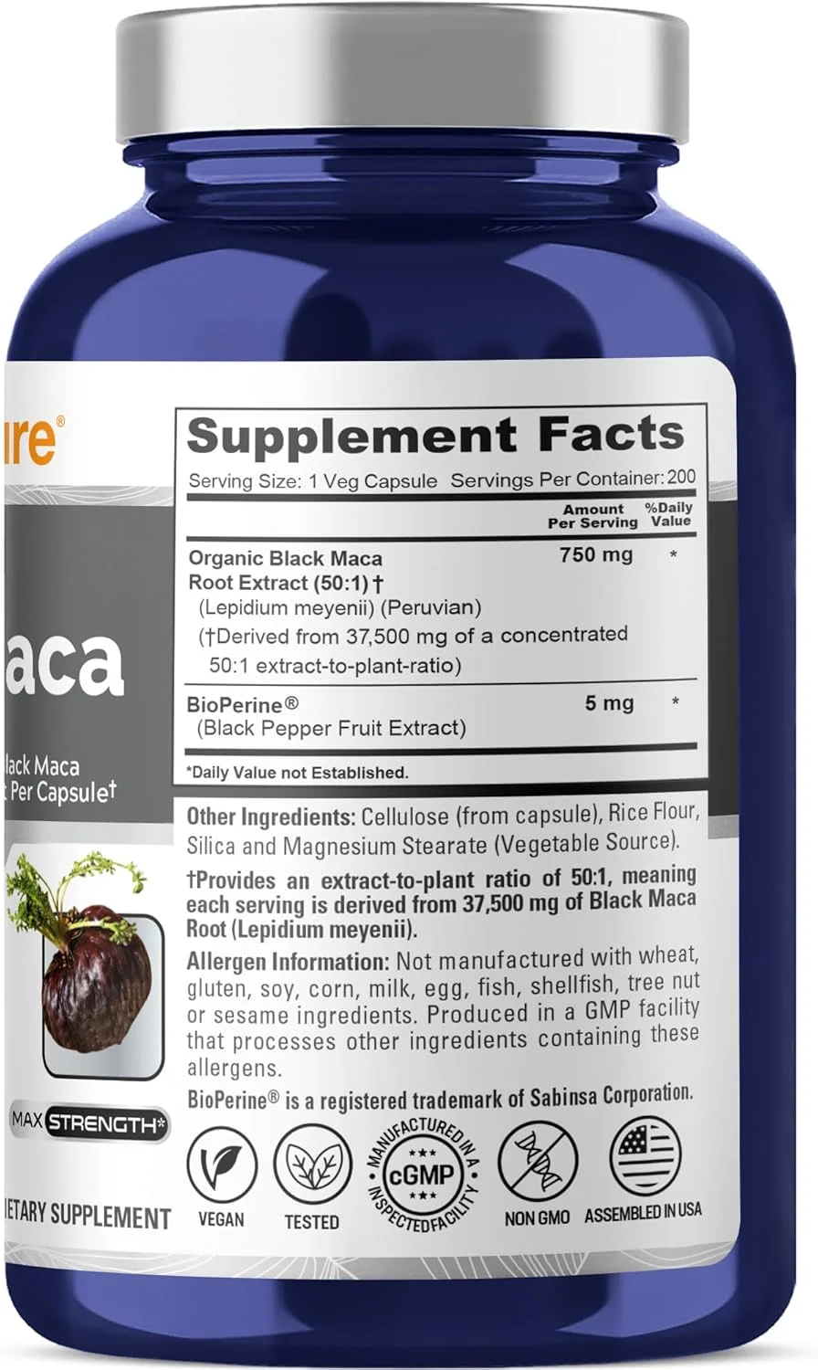 ریشه ماکا سیاه نوساپیور 37500 میلی گرم در هر کپسول، 200 کپسول گیاهی (وگان، غیر تراریخته، بدون گلوتن)